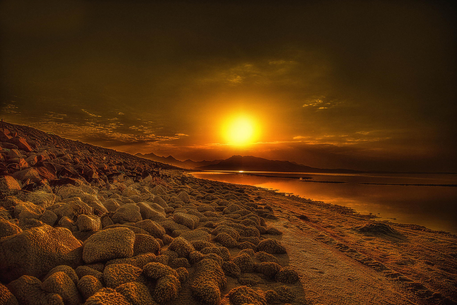 lake, the sun, Sunrise, Iran