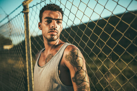 beard, direct look, lips, male, mesh, shadows, sunlight, tattoo