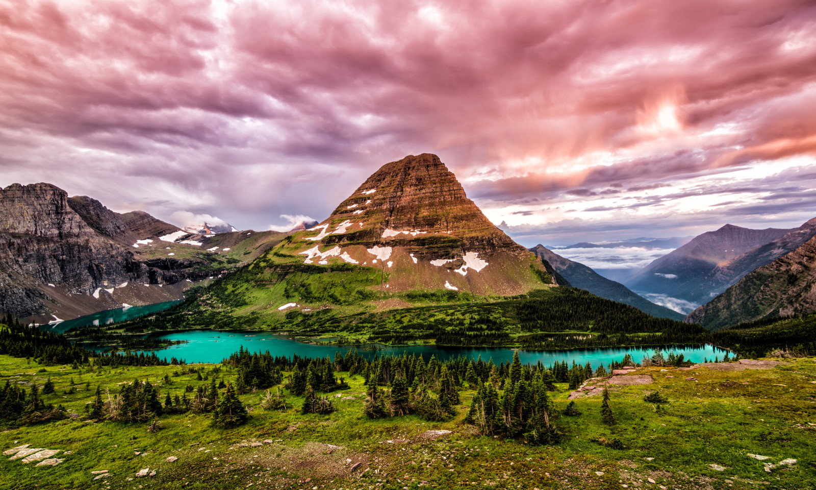 lago, piedras, arboles, Canadá, nubes, montañas, rocas, Parque Nacional Glacier