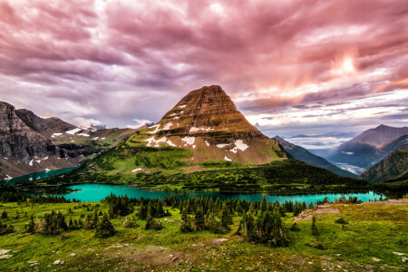 Canada, skyer, Glacier National Park, sø, bjerge, klipper, sten, træer