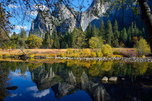 herfst, Woud, meer, bergen, natuur, Park, reflectie, stenen