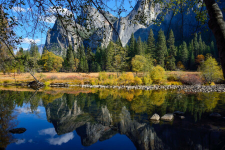 otoño, bosque, lago, montañas, naturaleza, Parque, reflexión, piedras