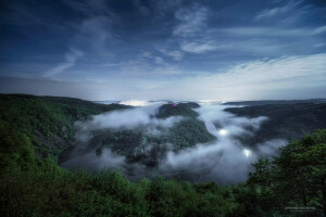 brouillard, Allemagne, nuit, rivière, Sarre, Boucle de la Sarre, printemps, étoiles