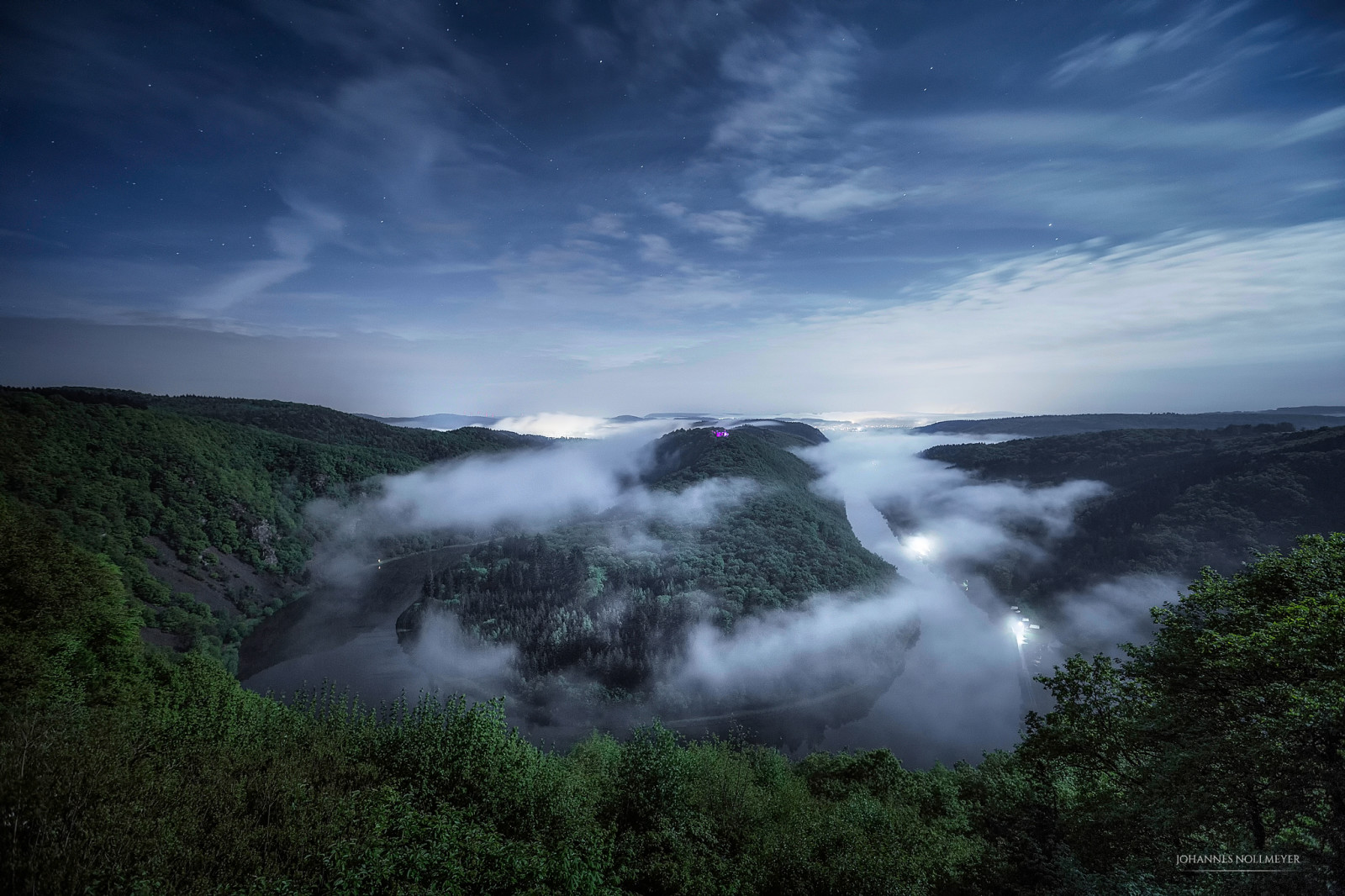 river, spring, night, Germany, fog, stars, Saar loop, Saar