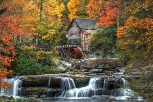 autumn, forest, house, leaves, nature, river, trees