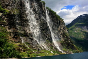 bosque, césped, montañas, rocas, verano, cascada