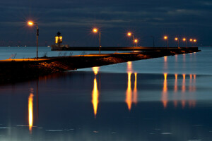 canal, Falsterbo, lumières, nuit, transpercer