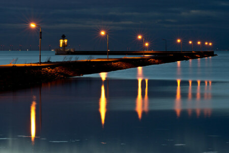 canal, Falsterbo, luzes, noite, perfurar