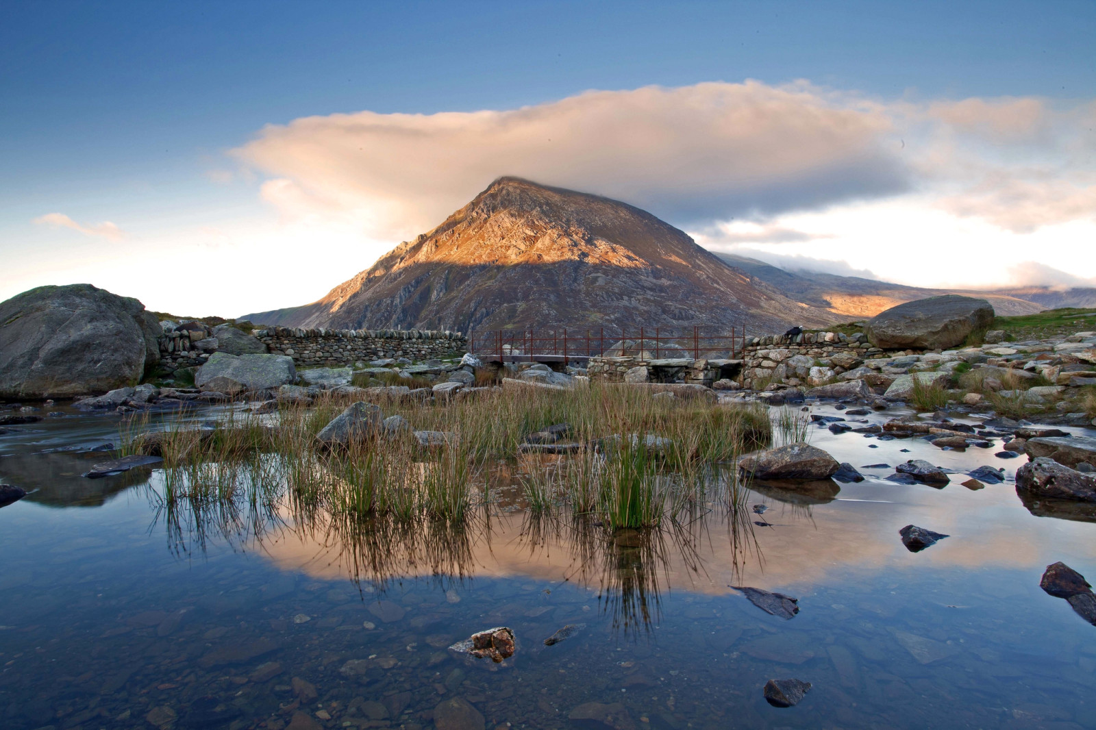 grass, the sky, Mountain, lake, stones, clouds