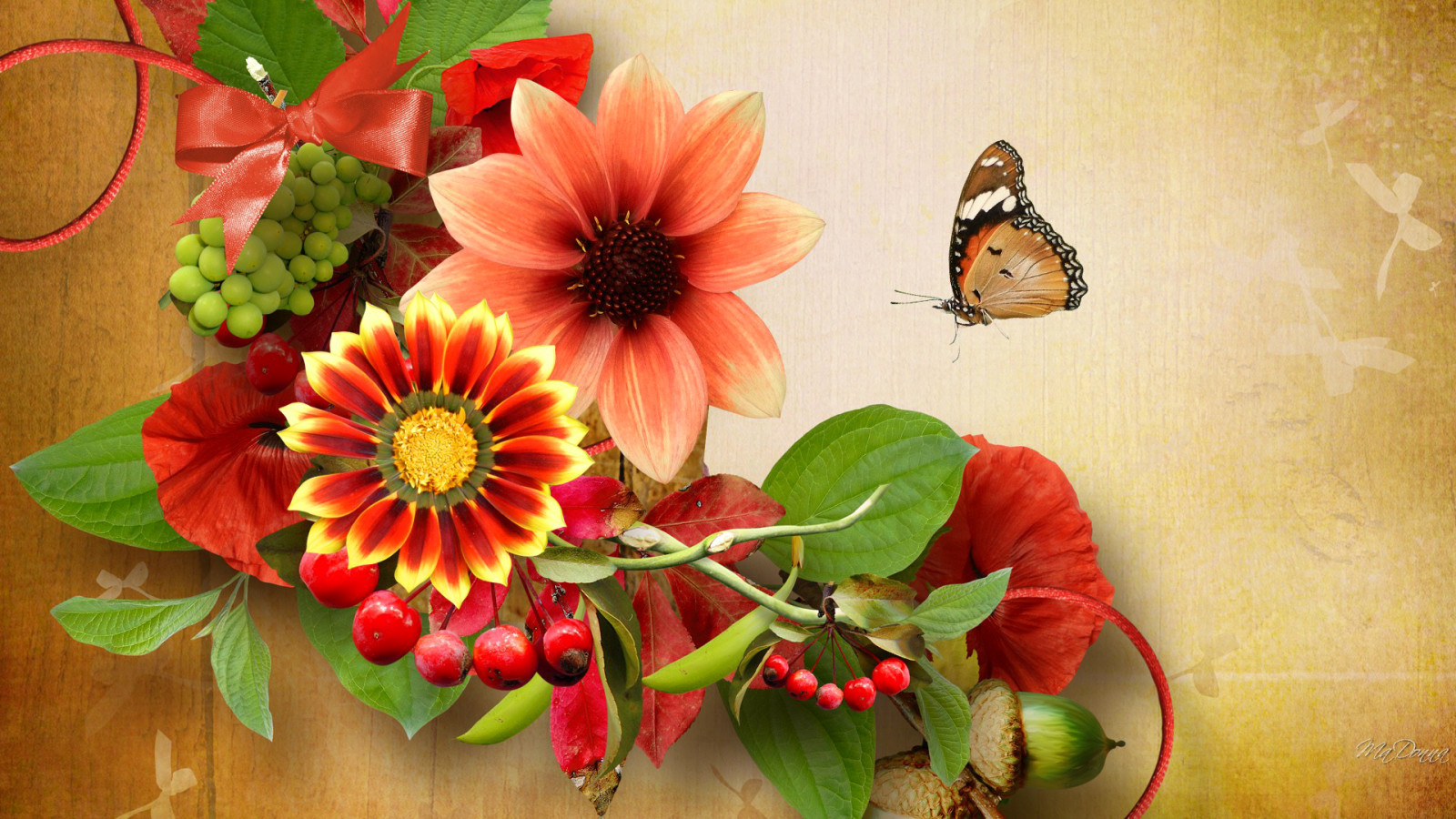 natuur, VLINDER, bloemen, bessen, collage, eikel-