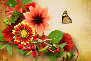 acorn, berries, BUTTERFLY, collage, flowers, nature