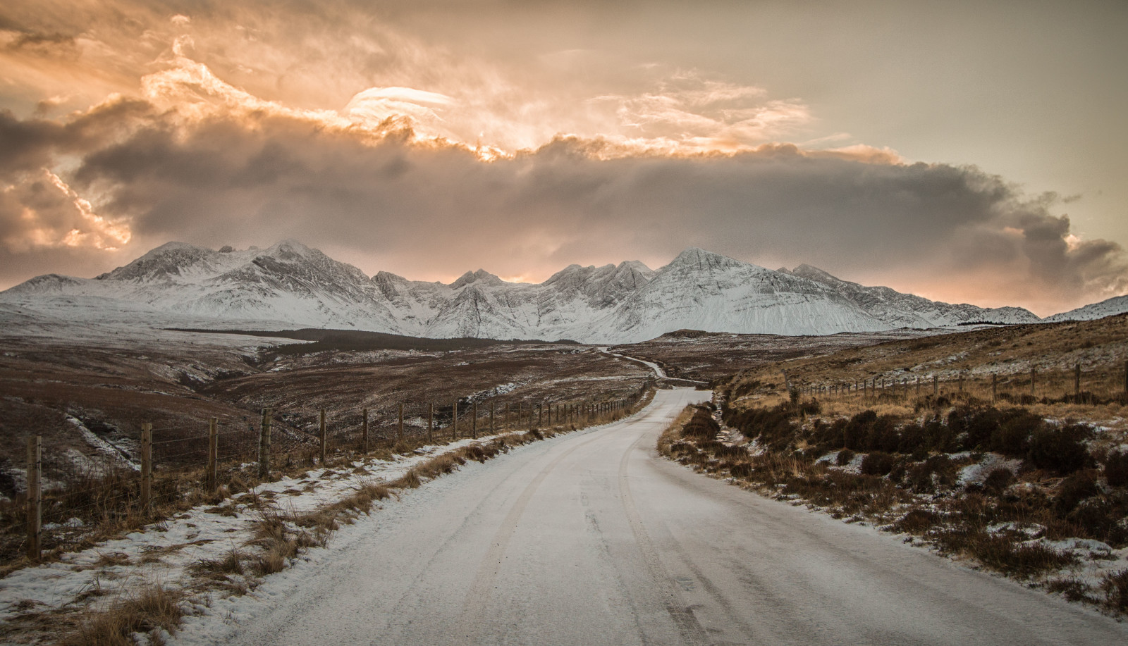 snow, the sky, winter, road, field, clouds, mountains, the sun