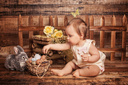 cesta, Borda, criança, Páscoa, ovos, flores, menina, feriado