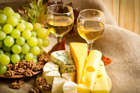 cheese, glasses, grapes, nuts, sheet, wine