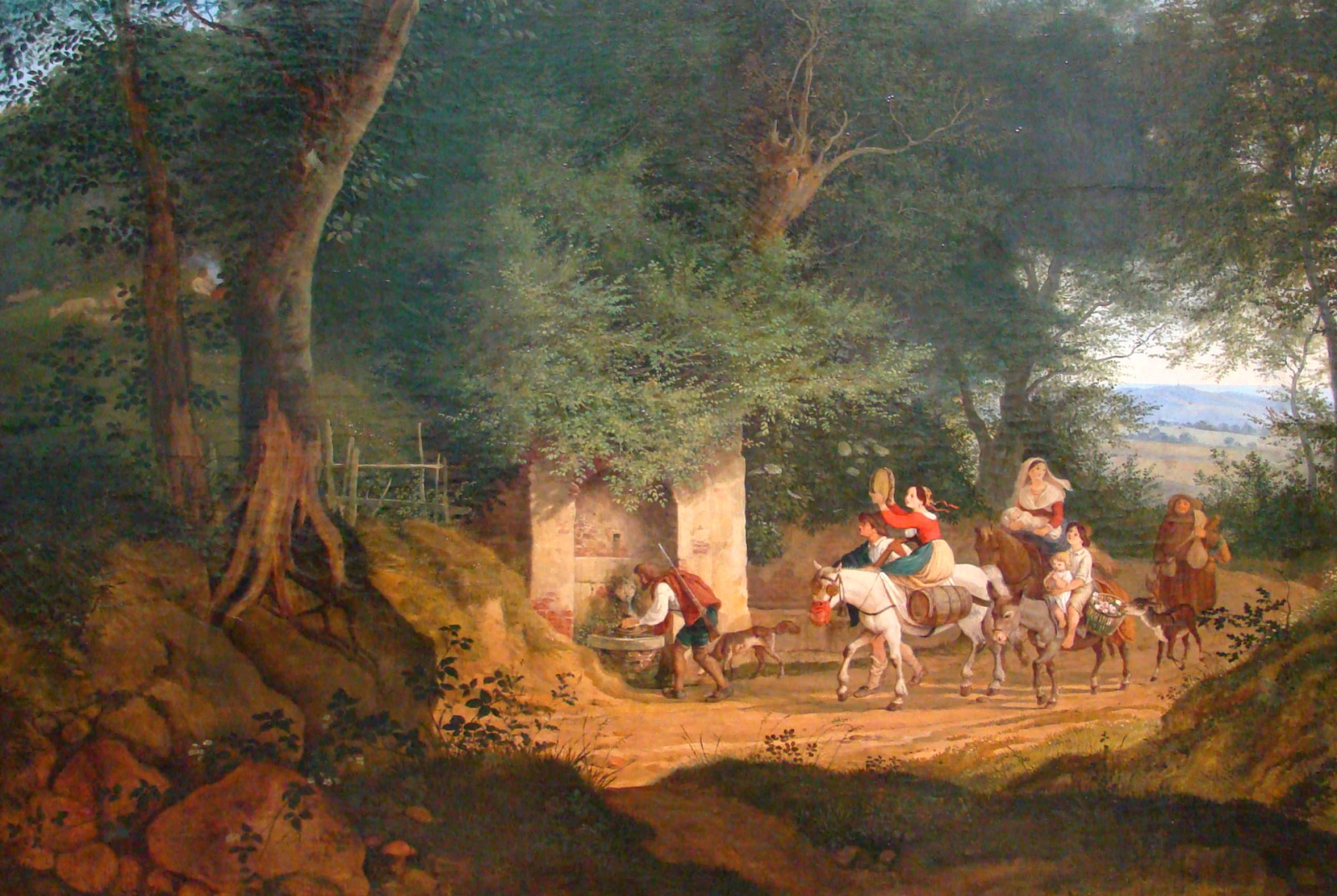 landschap, bomen, afbeelding, mensen, genre, de pelgrims, Adrian Ludwig Richter, Bron in de buurt van Ariccia