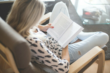 livre, chaise, fille, Page, lit