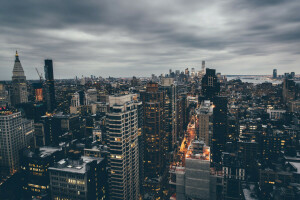 moln, Manhattan, New York, panorama, Regnig, gata, skymning