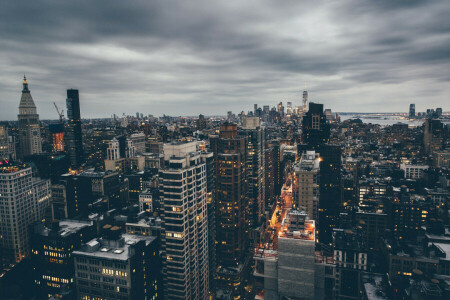 nubes, Manhattan, Nueva York, panorama, Lluvioso, calle, crepúsculo