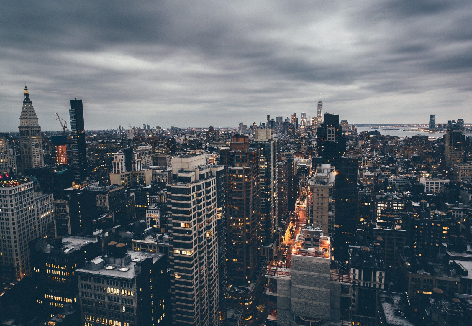 straat, wolken, panorama, schemering, New York, Manhattan, Regenachtig