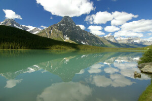 köstek, Banff Ulusal Parkı, Kanada, bulutlar, orman, göl, Chephren Dağı, dağlar