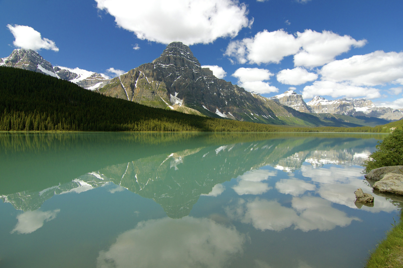 pădure, cerul, lac, reflecţie, Canada, Albert, nori, munţi