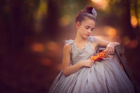 bokeh, robe, fille, feuilles, ambiance