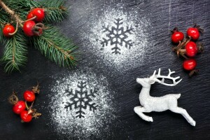 berry, branch, deer, Merry Christmas, snowflakes, spruce