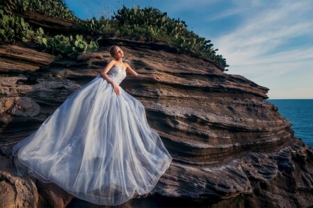 dress, girl, photo, rock, sea