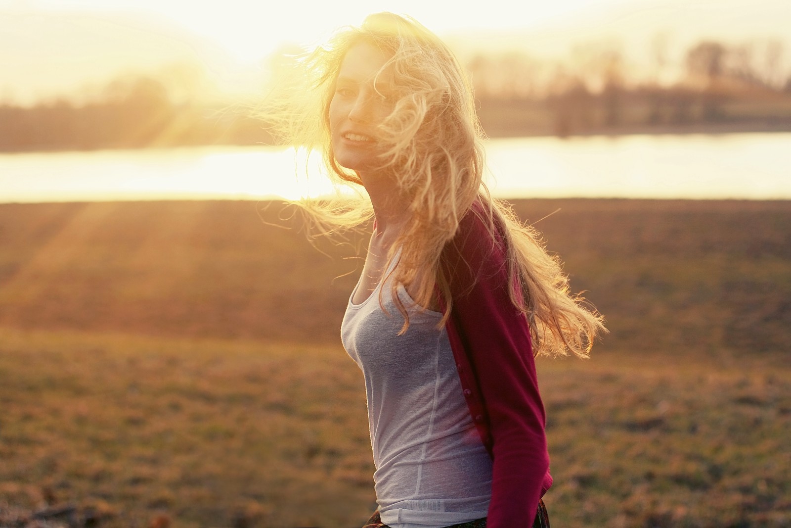 rivière, fille, blond, le soleil