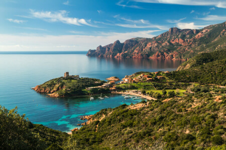 Bay, coast, Corsica, fortress, France, home, mountains, rocks