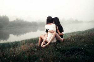 fog, love, morning, pair, river, two girls