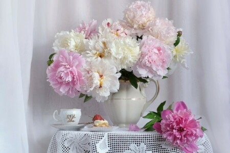 bouquet, gâteau, tasse, pivoines