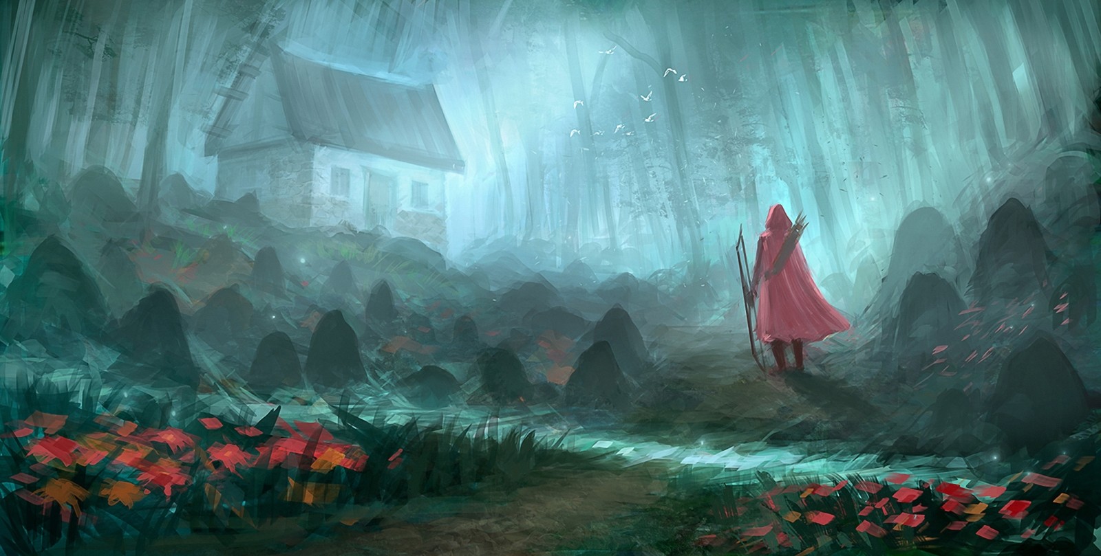 forest, house, art, cloak, people, birds