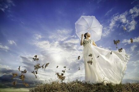 Kleid, Mädchen, Blätter, Stimmung, der Wind, Regenschirm