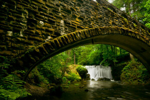 Bridge, forest, stones, water, waterfall