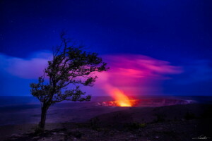 cratere, paesaggio, leggero, notte, albero