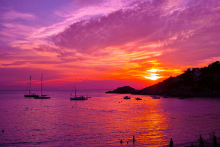 barci, coastă, strălucire, Ibiza, mare, Spania, apus de soare, seara