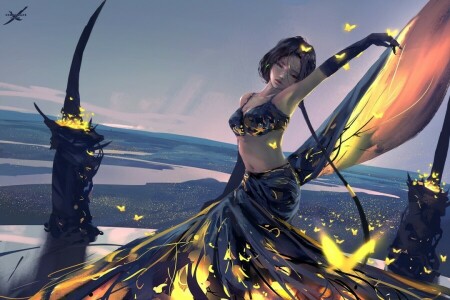 art, BUTTERFLY, Ghost blade, girl, landscape, Wlop