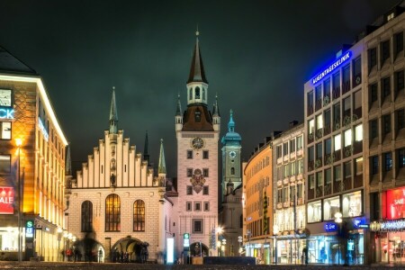 Allemagne, lumières, Munich, nuit, mairie