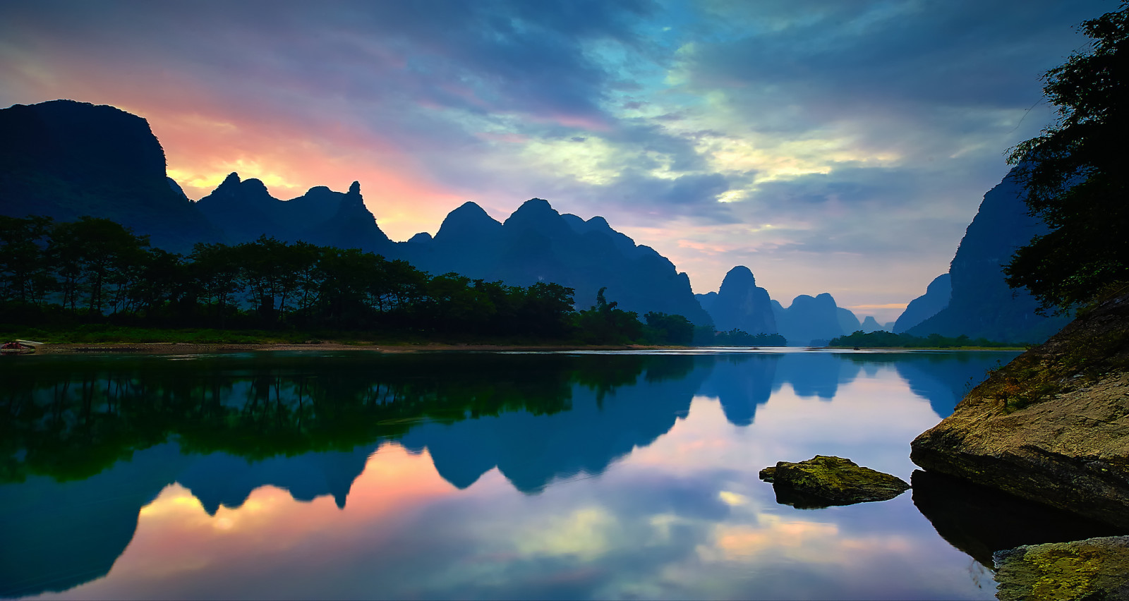 river, sunset, reflection, clouds, mountains, mirror, China, Guangxi