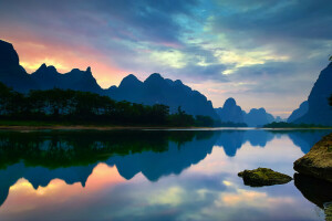 Cina, nuvole, Guangxi, carsico, specchio, montagne, riflessione, fiume