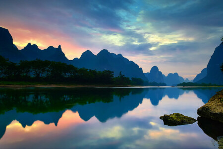 Κίνα, σύννεφα, Guangxi, καρστ, καθρέφτης, βουνά, αντανάκλαση, ποτάμι