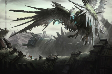 art, bird, Fiction, Hero, mechanism, people, ruins, wings