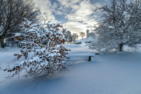 bench, snow, winter