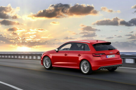 2013, asphalt, Audi, car, clouds, dawn, photo, red