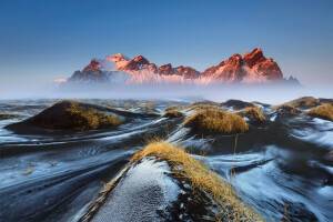 areia de lava negra, névoa, Relva, neblina, Islândia, manhã, montanhas, Stockksness