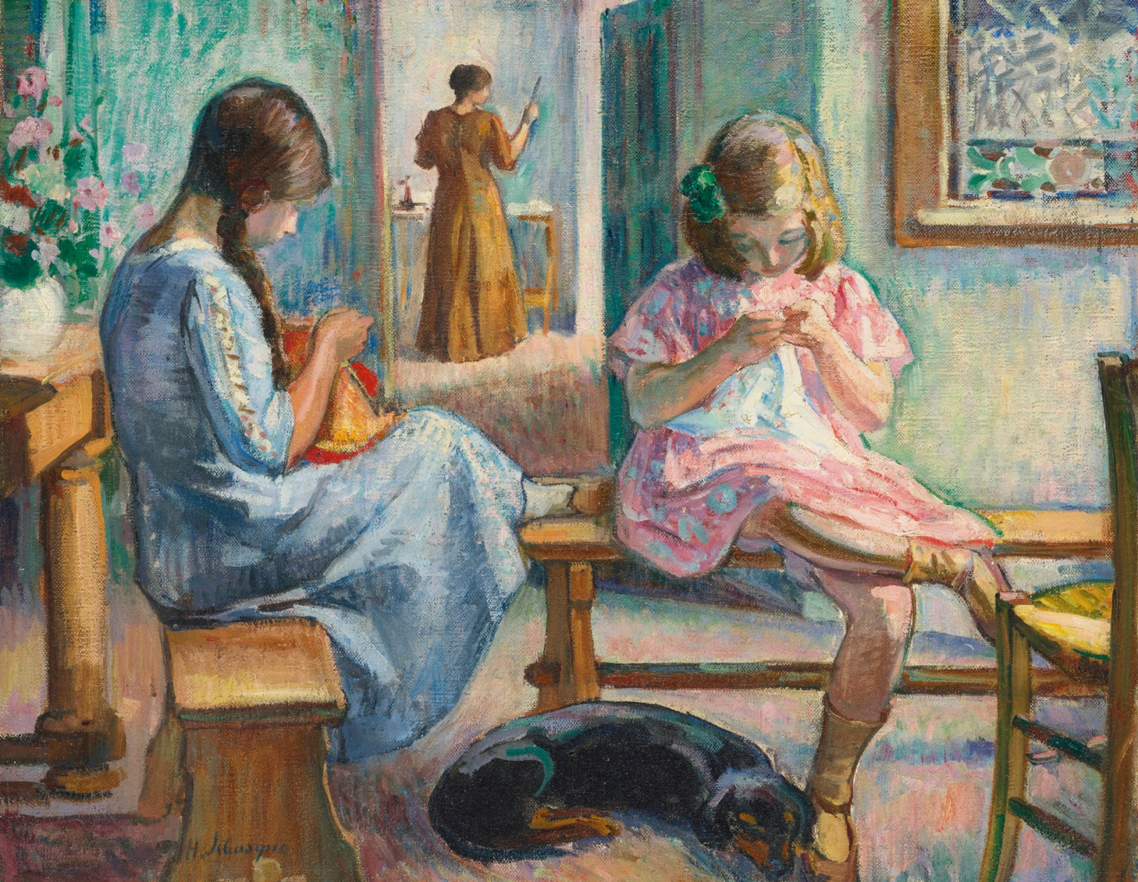 cachorro, meninas, cenário, quarto, gênero, Henri Lebacq, Meninas De Costura