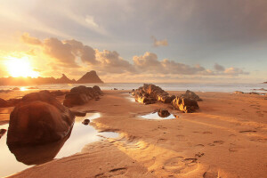 playa, paisaje, Mañana, naturaleza, arena, piedras, El océano