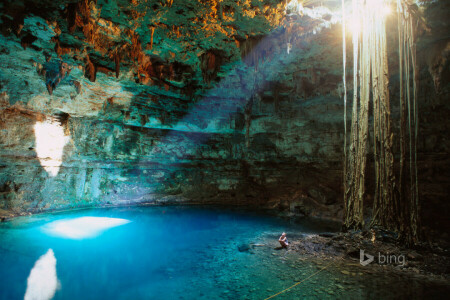 grot, Cenote Samula, mislukking, licht, Mexico, het schiereiland Yucatan, Valladolid, water