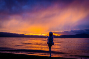 blond, poupée, mer, le coucher du soleil, Le ciel, jouet